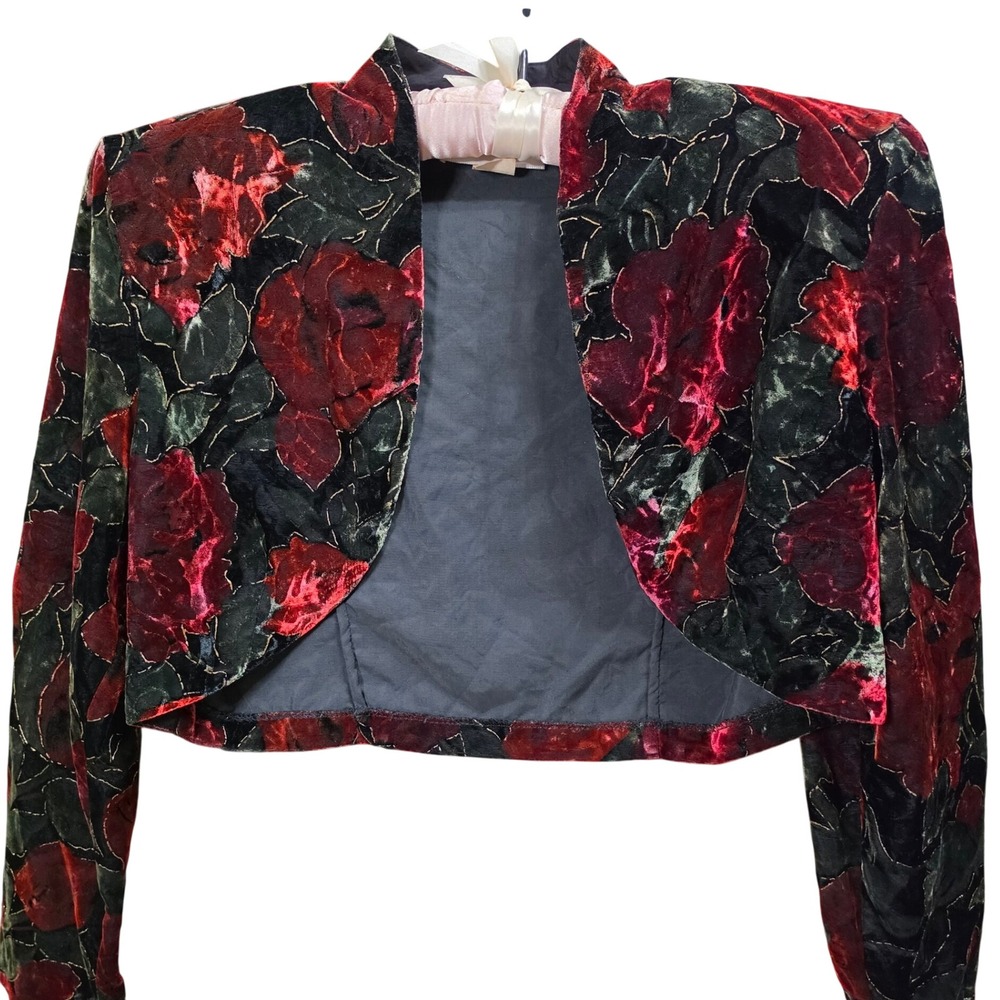 Vintage Rampage Red Rose Floral Velvet Bolero Jacket Shrug Made in USA Sz 9